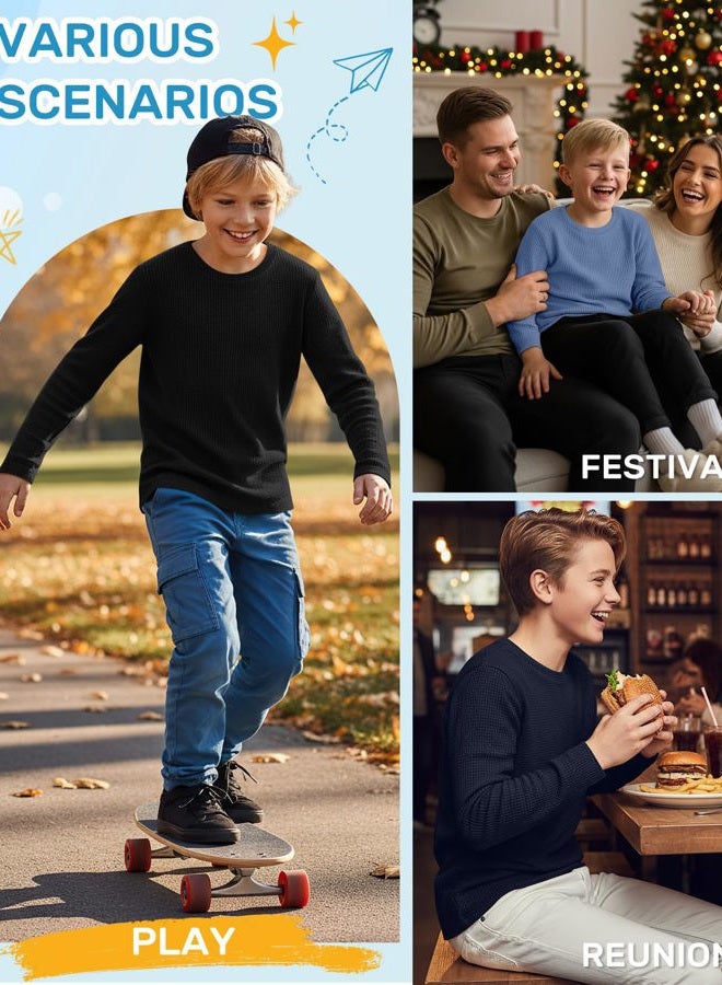 LessonZoo 4 Pack Boys Long Sleeve Shirts Crewneck Kids Waffle Knit T Shirts Toddler Boy Thermal Casual Tops Tees 5-14 Years, Haze Blue, Navy Blue, Gray, Black, 7-8 Years - Image 2