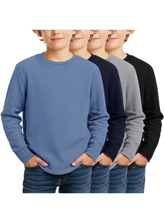 LessonZoo 4 Pack Boys Long Sleeve Shirts Crewneck Kids Waffle Knit T Shirts Toddler Boy Thermal Casual Tops Tees 5-14 Years, Haze Blue, Navy Blue, Gray, Black, 7-8 Years - Image 1