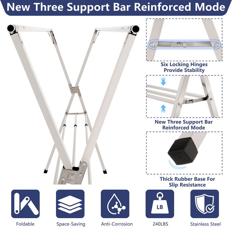 Shengshi 95 inches foldable clothes drying rack, heavy duty stainless steel laundry drying rack for indoor outdoor , clothes rack adjustable length. 3 additional reinforcement bars with 20 windproof hooks - Image 5