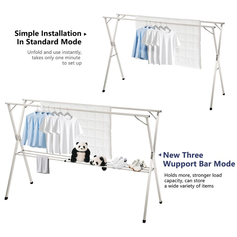Shengshi 95 inches foldable clothes drying rack, heavy duty stainless steel laundry drying rack for indoor outdoor , clothes rack adjustable length. 3 additional reinforcement bars with 20 windproof hooks - Image 3