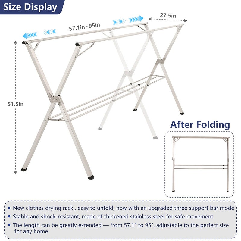 Shengshi 95 inches foldable clothes drying rack, heavy duty stainless steel laundry drying rack for indoor outdoor , clothes rack adjustable length. 3 additional reinforcement bars with 20 windproof hooks - Image 2