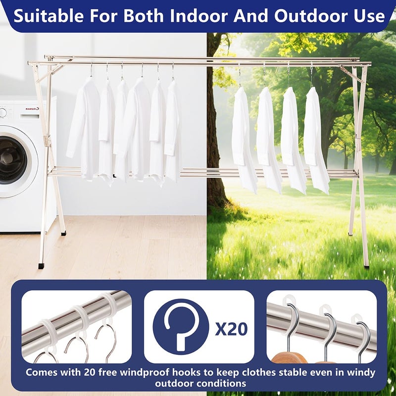 Shengshi 95 inches foldable clothes drying rack, heavy duty stainless steel laundry drying rack for indoor outdoor , clothes rack adjustable length. 3 additional reinforcement bars with 20 windproof hooks - Image 4