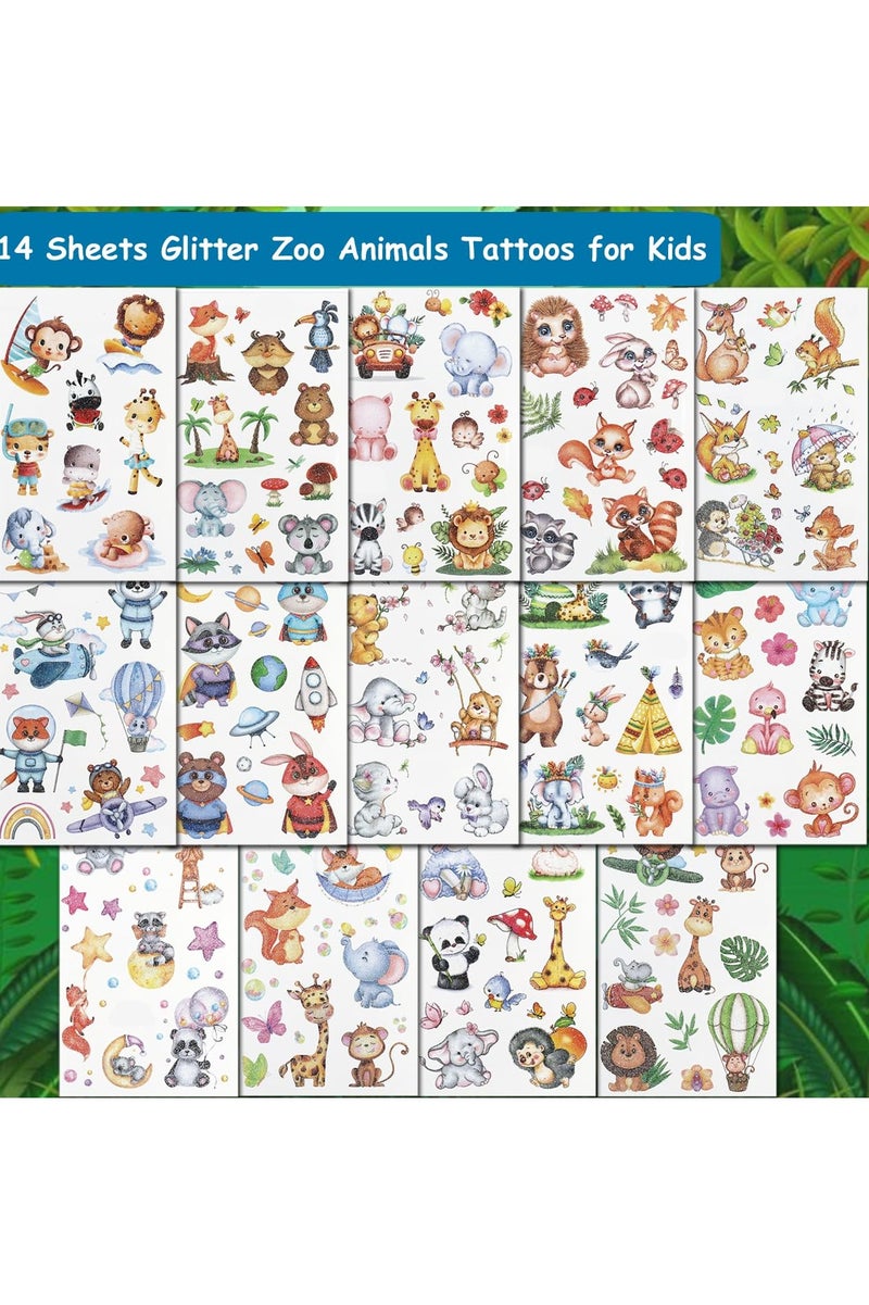 قوس قزح أورينبو 14 ورقة وشم حيوانات الغابة اللامعة، 140 نمطًا لامعًا من وشم حيوانات حديقة الحيوانات المؤقت للأطفال، لوازم حفلات للأولاد والبنات، هدايا حفلات أعياد الميلاد، حشوات أكياس الهدايا - Image 2