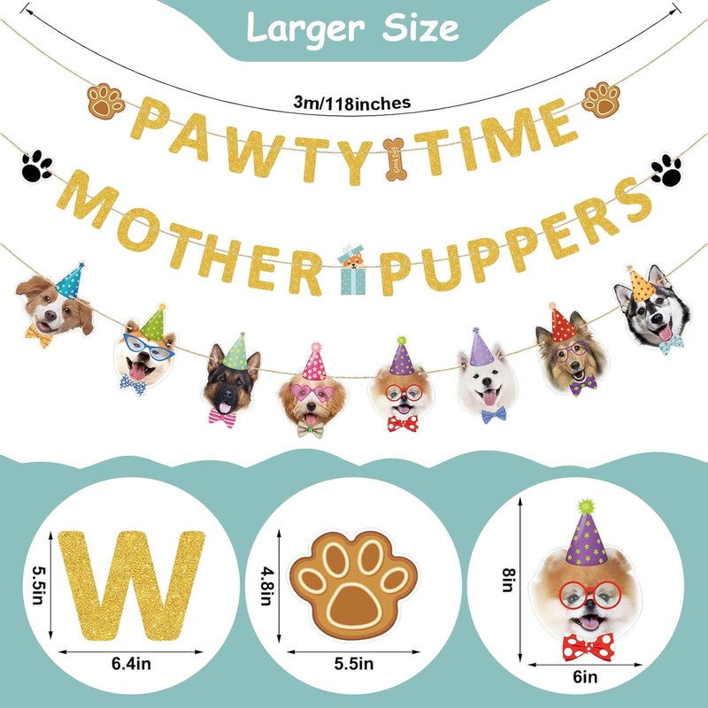 Woanger 3 Pieces Lets Pawty Banner Gold Glitter Mother Puppers Pawty Time Banners for Dog Birthday Party Supplies and Decorations - Image 3