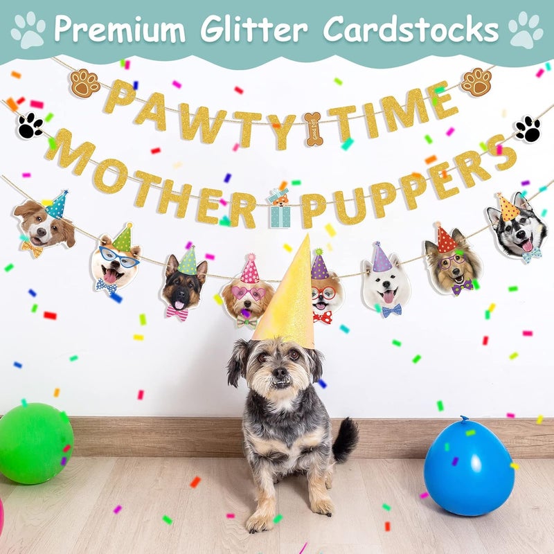 Woanger 3 Pieces Lets Pawty Banner Gold Glitter Mother Puppers Pawty Time Banners for Dog Birthday Party Supplies and Decorations - Image 4
