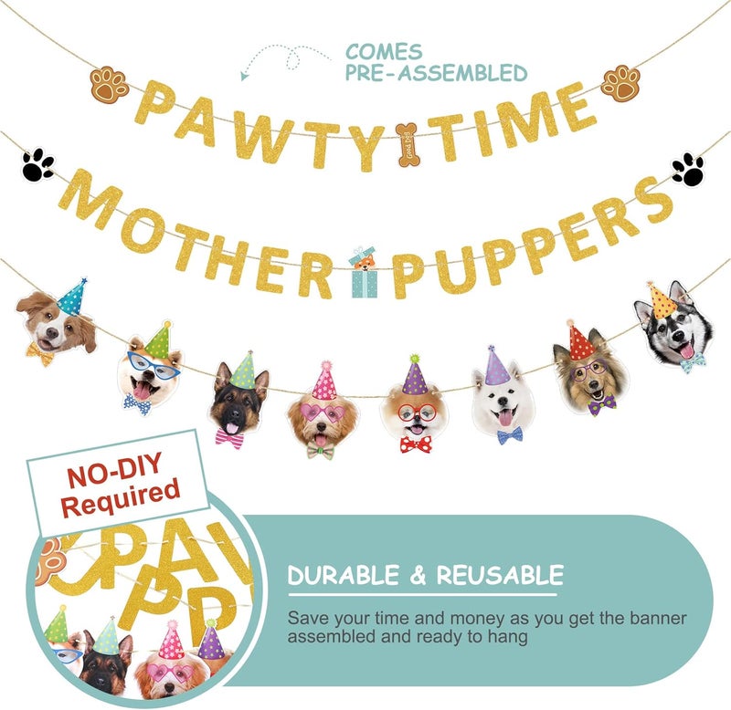 Woanger 3 Pieces Lets Pawty Banner Gold Glitter Mother Puppers Pawty Time Banners for Dog Birthday Party Supplies and Decorations - Image 2