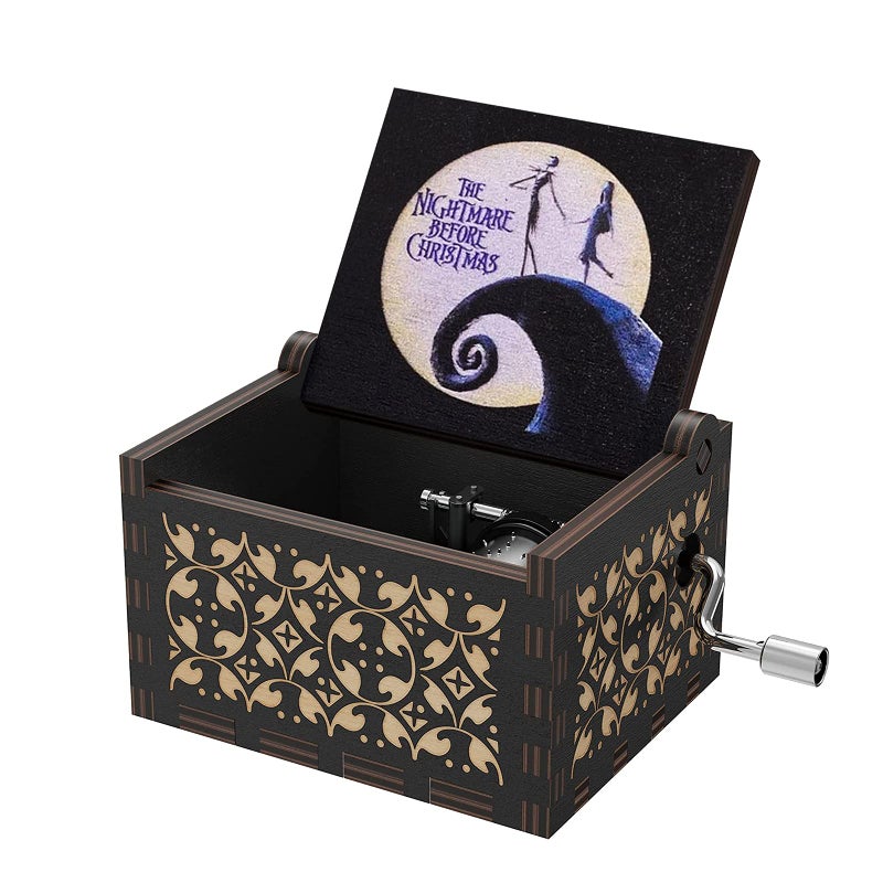 BOOB This is Halloween Tune Wood Music Box Before Christmas Hand Crank Engraved Vintage Wooden Music Box Gifts for KidsGirlfriendWomenDaughter for Halloween Christmas BirthdayWhite Black