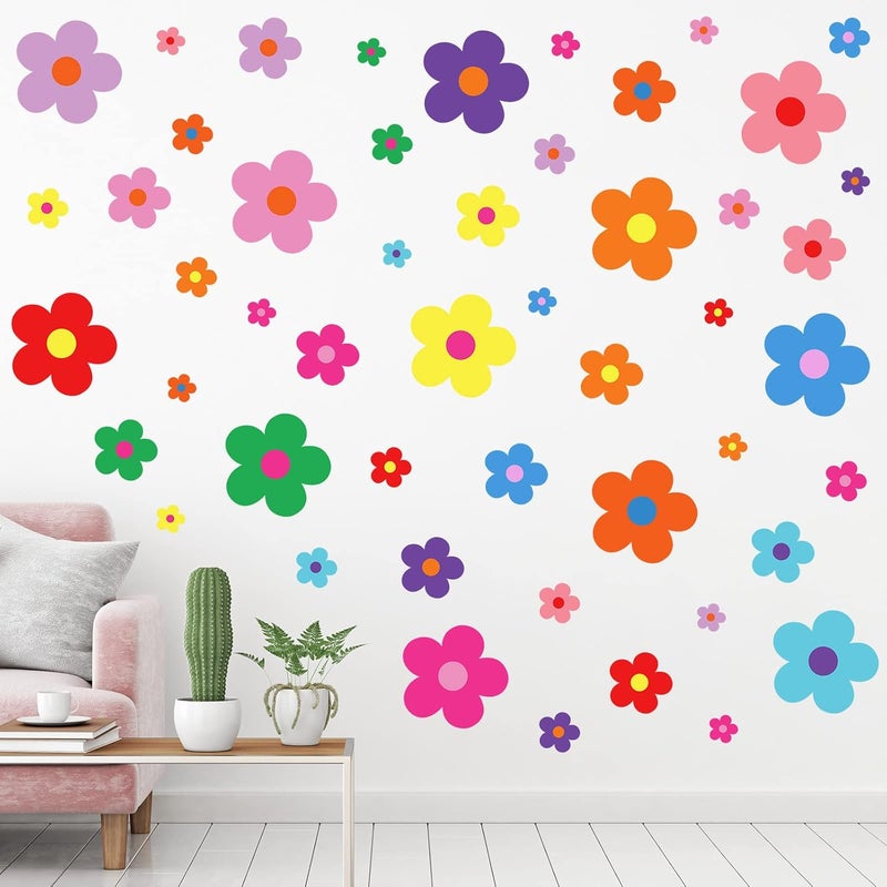 TaoBary 288 Pcs Y2k Cute Flowers Wall Sticker Colorful Floral Wall Decal Vinyl Peel and Stick Preppy Hippie Stickers Aesthetic Flowers Decor for Nursery Bedroom91 x 114 InchBright Colors - Image 1