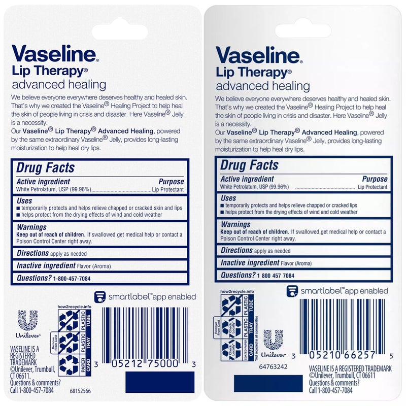 Vaseline Lip Therapy Advanced Healing 3-Pack â€“ White Petroleum Moisturizing Lip Balm for Extremely Dry Lips, 0.35 Oz Ea - Image 2