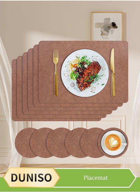 PVC leather Placemats Coasters Cutlery Set  Heat-Resistant Non-Slip Table Place Mats Washable Table Mats with 6 Placemats, 6 Coasters,for Home and Restaurant, Washable (Dark brown)（45cm*30cm)