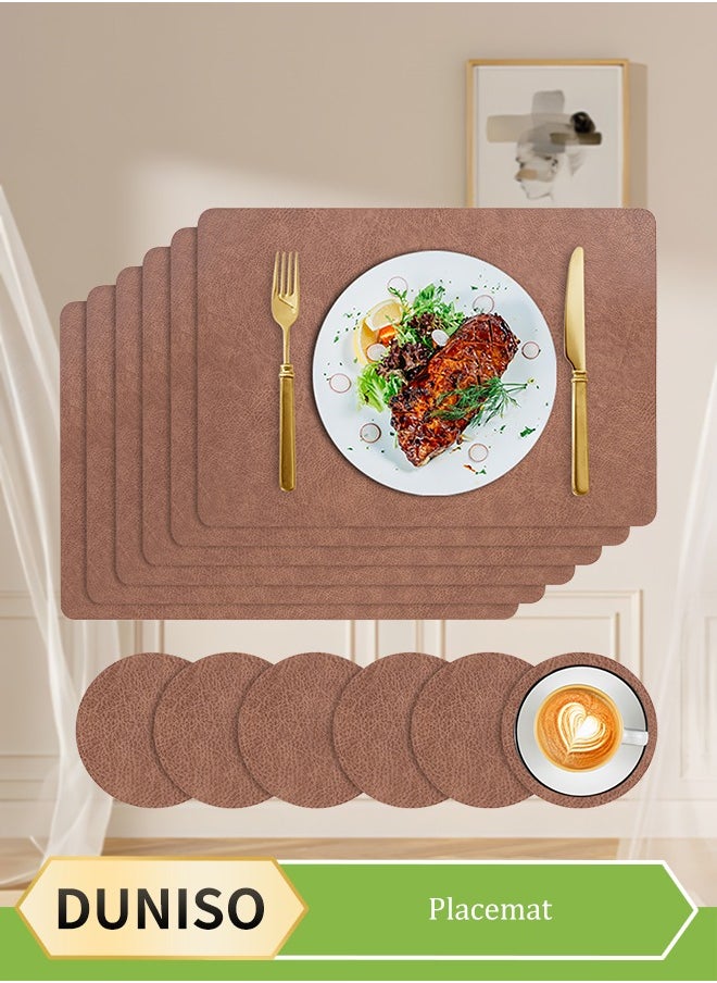 DUNISO PVC leather Placemats Coasters Cutlery Set  Heat-Resistant Non-Slip Table Place Mats Washable Table Mats with 6 Placemats, 6 Coasters,for Home and Restaurant, Washable (Dark brown)（45cm*30cm)  - Image 1