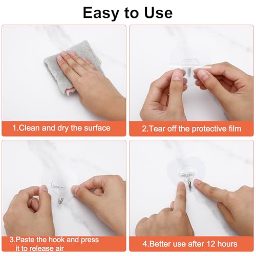 Adove Adhesive Hooks for Hanging, 24 Pack Heavy Duty Wall Hooks, Towel Coat Hooks Waterproof, Transparent Self Adhesive Sticky Hook for Kitchen Keys Glass Door,No Nail Utility Ceiling Hooks - Image 4
