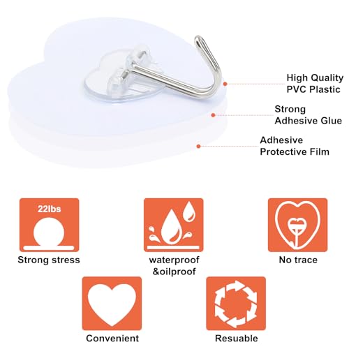 Adove Adhesive Hooks for Hanging, 24 Pack Heavy Duty Wall Hooks, Towel Coat Hooks Waterproof, Transparent Self Adhesive Sticky Hook for Kitchen Keys Glass Door,No Nail Utility Ceiling Hooks - Image 3