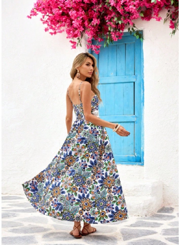 SHEIN VCAY Tropical Plant Print Lace Patchwork High Slit Cami Dress - Image 2