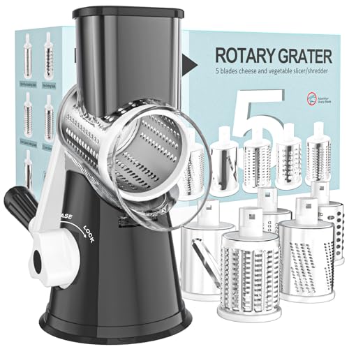 Cambom 5 in 1 Rotary Cheese Grater Hand Crank Cheese Shredder for Fresh Cheese, Vegetable, Nuts,Non-slip Suction Base, Black - Image 1