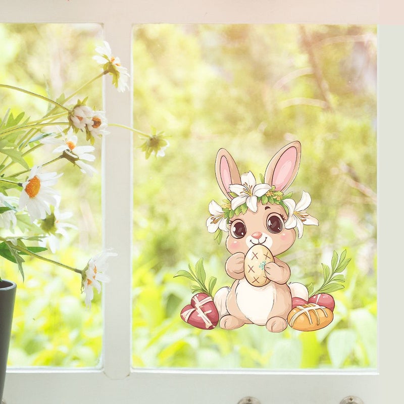 Rabbit With Wreath Window Cling Sticker 1pc Cute Animal Smiling Face Decoration - Image 3
