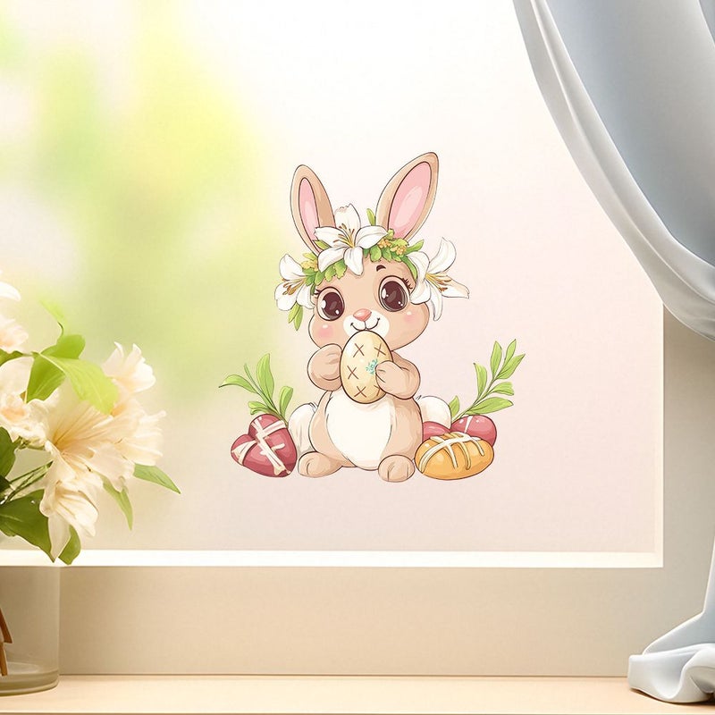 Rabbit With Wreath Window Cling Sticker 1pc Cute Animal Smiling Face Decoration - Image 2