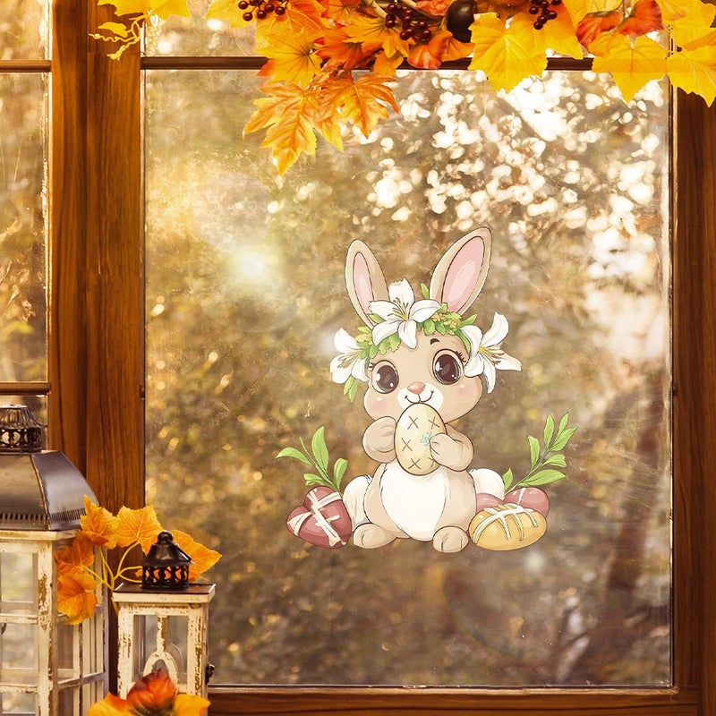 Rabbit With Wreath Window Cling Sticker 1pc Cute Animal Smiling Face Decoration - Image 4