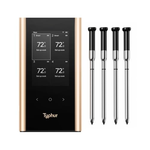 Typhur Sync Gold Wireless WiFi Meat Thermometer 4 Slim Probes 6 Sensors 10x Stronger Signal 05 Accuracy Smart Base Direct Setup Reliable Reading Through Kamado Grill BBQ Oven Smoker Air Fryer - Image 1