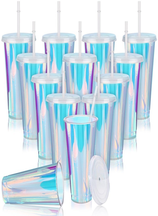 Domensi 12 Pack Iridescent Plastic Tumblers with Lids and Straws 24 oz Iridescent Plastic Cups Reusable Iced Coffee Cup Tumbler for Iridescent Disco Mermaid Unicorn Birthday Bachelorette Wedding - Image 1