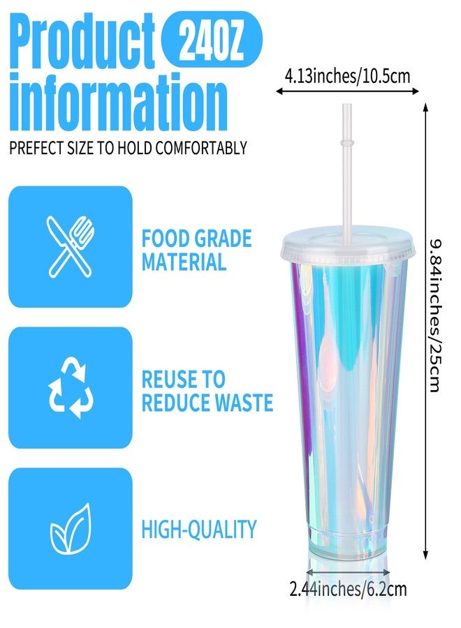 Domensi 12 Pack Iridescent Plastic Tumblers with Lids and Straws 24 oz Iridescent Plastic Cups Reusable Iced Coffee Cup Tumbler for Iridescent Disco Mermaid Unicorn Birthday Bachelorette Wedding - Image 2