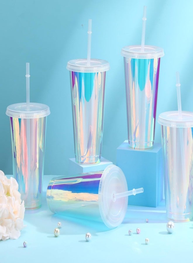 Domensi 12 Pack Iridescent Plastic Tumblers with Lids and Straws 24 oz Iridescent Plastic Cups Reusable Iced Coffee Cup Tumbler for Iridescent Disco Mermaid Unicorn Birthday Bachelorette Wedding - Image 4