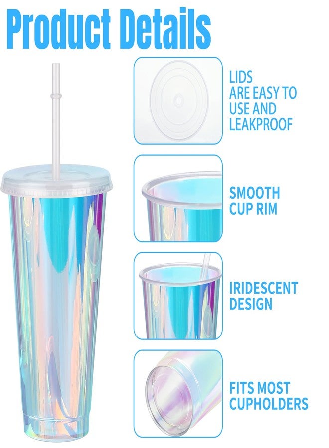 Domensi 12 Pack Iridescent Plastic Tumblers with Lids and Straws 24 oz Iridescent Plastic Cups Reusable Iced Coffee Cup Tumbler for Iridescent Disco Mermaid Unicorn Birthday Bachelorette Wedding - Image 3