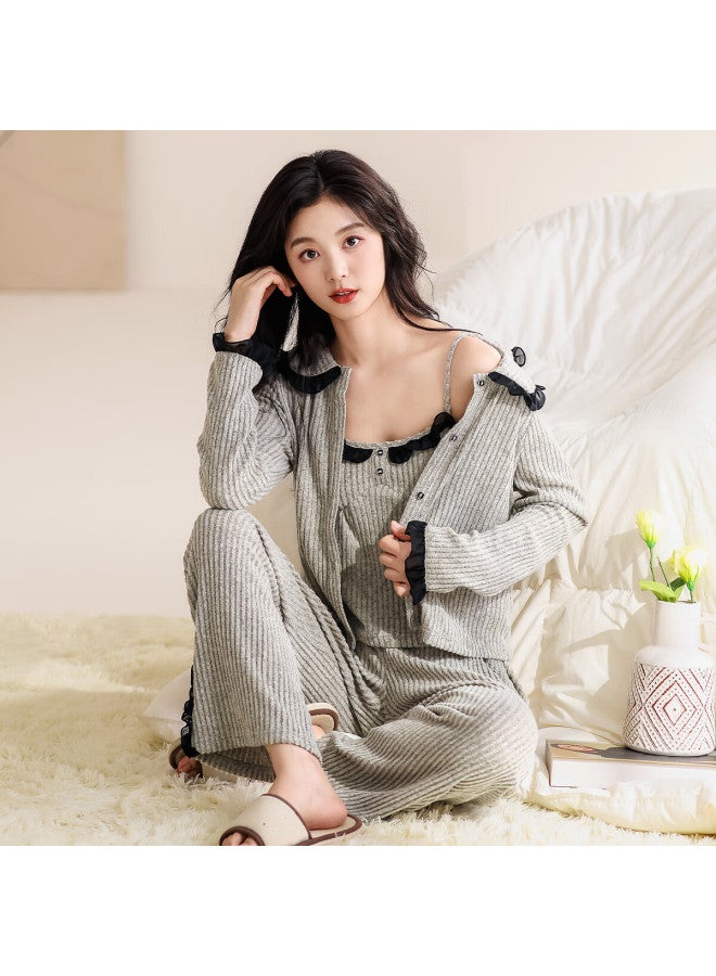 Zisehy Purple Floral Language Faux Cashmere High-end Women's Long Sleeve Pajamas Gray XL - Image 2