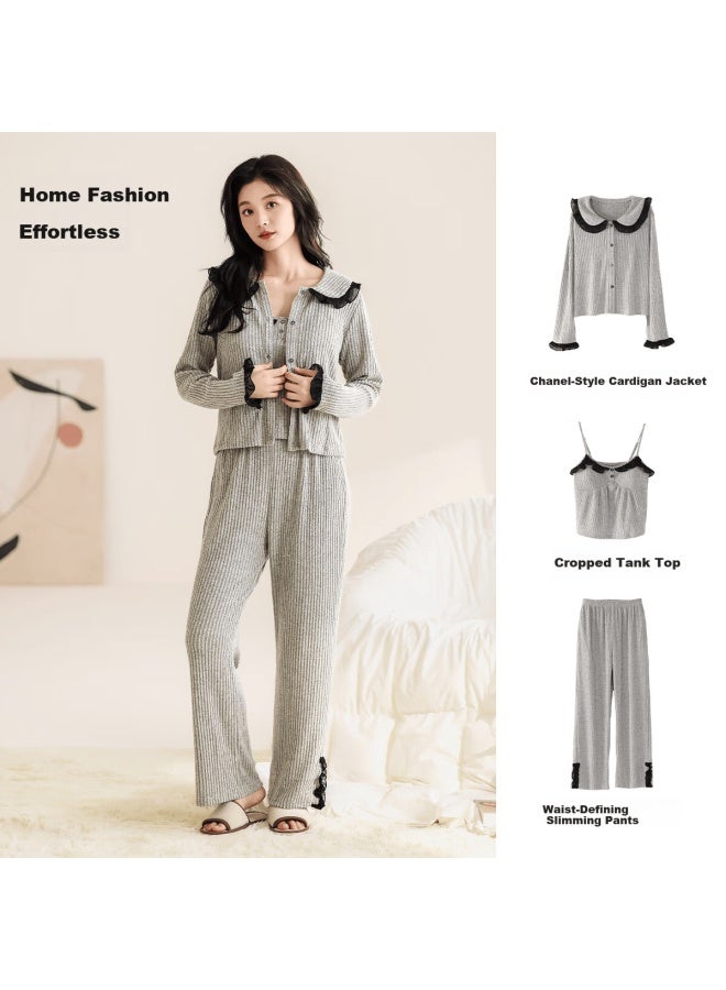 Zisehy Purple Floral Language Faux Cashmere High-end Women's Long Sleeve Pajamas Gray XL - Image 1