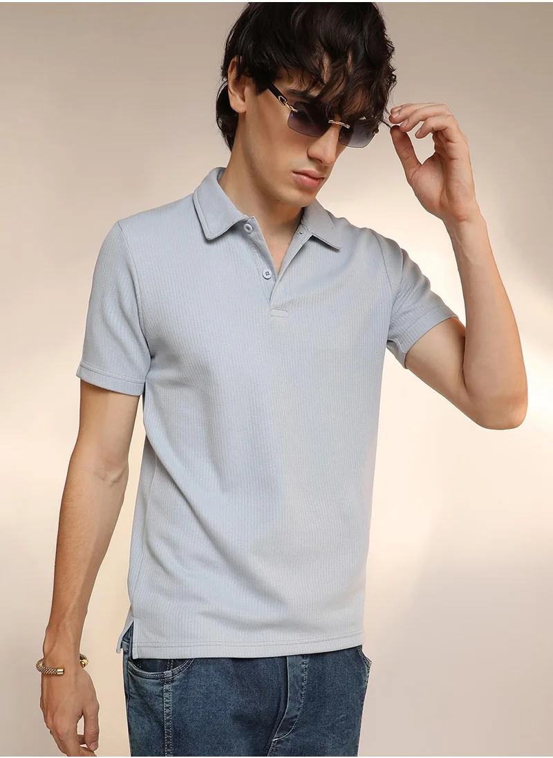 كامبوس سوترا Men's Icy Blue Ribbed Polo T-Shirt