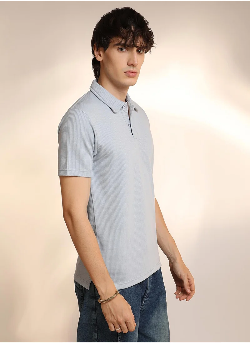 كامبوس سوترا Men's Icy Blue Ribbed Polo T-Shirt