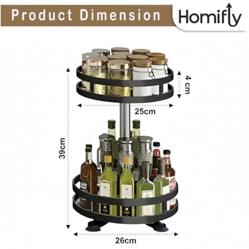 HOMIFLY 2-Tier 360° Rotating Spice Rack Organiser/Multifunctional Spice Rack/Table Top Storage Rack/Non-Slip Spice Holder Organizer for Kitchen/Living Room- (Black, Round) - Image 3
