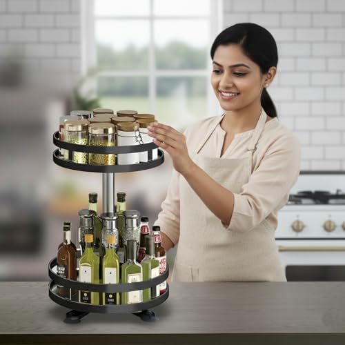 HOMIFLY 2-Tier 360° Rotating Spice Rack Organiser/Multifunctional Spice Rack/Table Top Storage Rack/Non-Slip Spice Holder Organizer for Kitchen/Living Room- (Black, Round) - Image 2