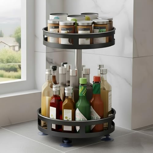 HOMIFLY 2-Tier 360° Rotating Spice Rack Organiser/Multifunctional Spice Rack/Table Top Storage Rack/Non-Slip Spice Holder Organizer for Kitchen/Living Room- (Black, Round) - Image 1