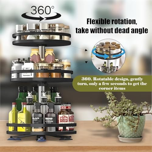 HOMIFLY 2-Tier 360° Rotating Spice Rack Organiser/Multifunctional Spice Rack/Table Top Storage Rack/Non-Slip Spice Holder Organizer for Kitchen/Living Room- (Black, Round) - Image 4