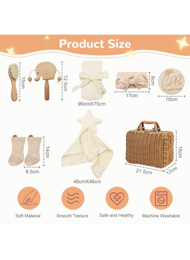 LEFAFA Baby Gift Basket, 8-Piece Baby Shower Gifts Set for Girls Boys, Unique Baby Gifts Basket Essentials Stuffs, Baby Lovey Blanket Baby Headband Baby BrushNewborn Bibs Socks Wooden Rattle & Milestone Card, Newborn Baby Gift Set - Image 3
