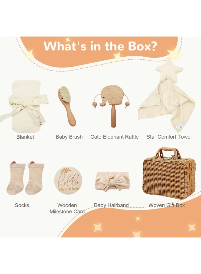 LEFAFA Baby Gift Basket, 8-Piece Baby Shower Gifts Set for Girls Boys, Unique Baby Gifts Basket Essentials Stuffs, Baby Lovey Blanket Baby Headband Baby BrushNewborn Bibs Socks Wooden Rattle & Milestone Card, Newborn Baby Gift Set - Image 2