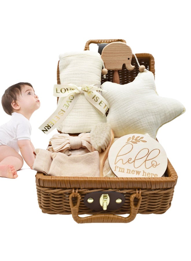 LEFAFA Baby Gift Basket, 8-Piece Baby Shower Gifts Set for Girls Boys, Unique Baby Gifts Basket Essentials Stuffs, Baby Lovey Blanket Baby Headband Baby BrushNewborn Bibs Socks Wooden Rattle & Milestone Card, Newborn Baby Gift Set - Image 1