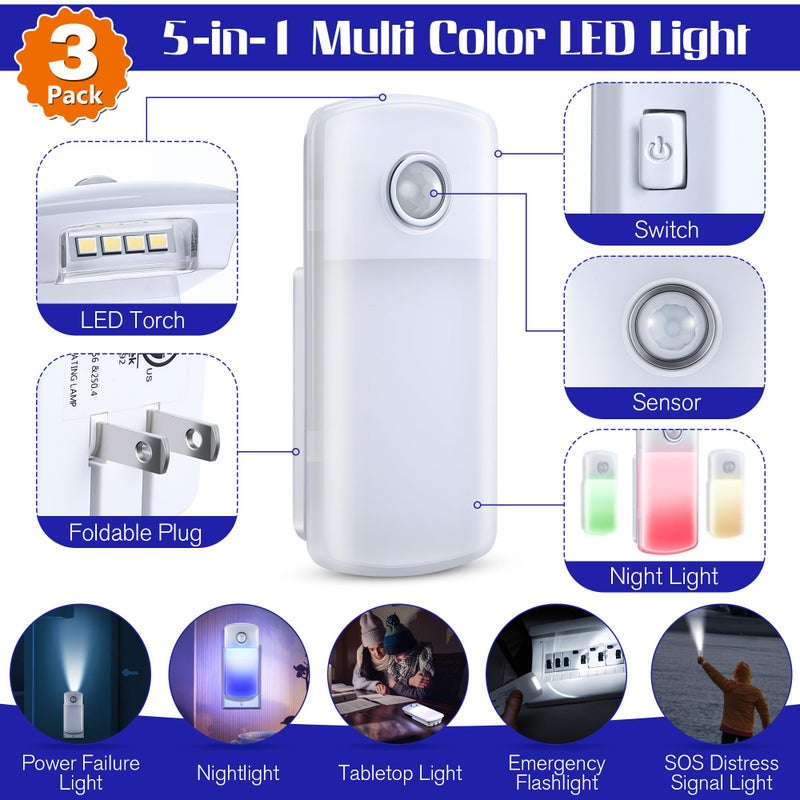Enhon Emergency Power Failure Night Lights, 5-in-1 Multi Color LED Light, Rechargeable Flashlight with Foldable Plug, Automatic On Off Motion Sensor for Bedrooms, Hallways, Black Outs (3 Pack) - Image 2
