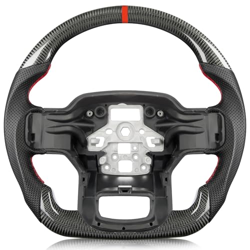 TESFEEL Carbon Fiber Steering Wheel for F150 2021-2024 D-shaped Flat-bottom Steering Wheel Preforated Leather Grip Hand-Stitched for F150 without Paddle Shifter Models - Image 1