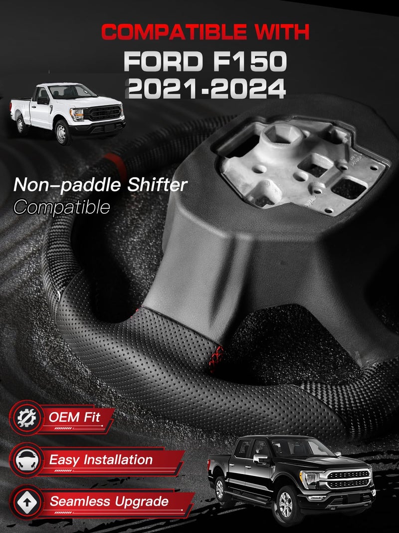 TESFEEL Carbon Fiber Steering Wheel for F150 2021-2024 D-shaped Flat-bottom Steering Wheel Preforated Leather Grip Hand-Stitched for F150 without Paddle Shifter Models - Image 2