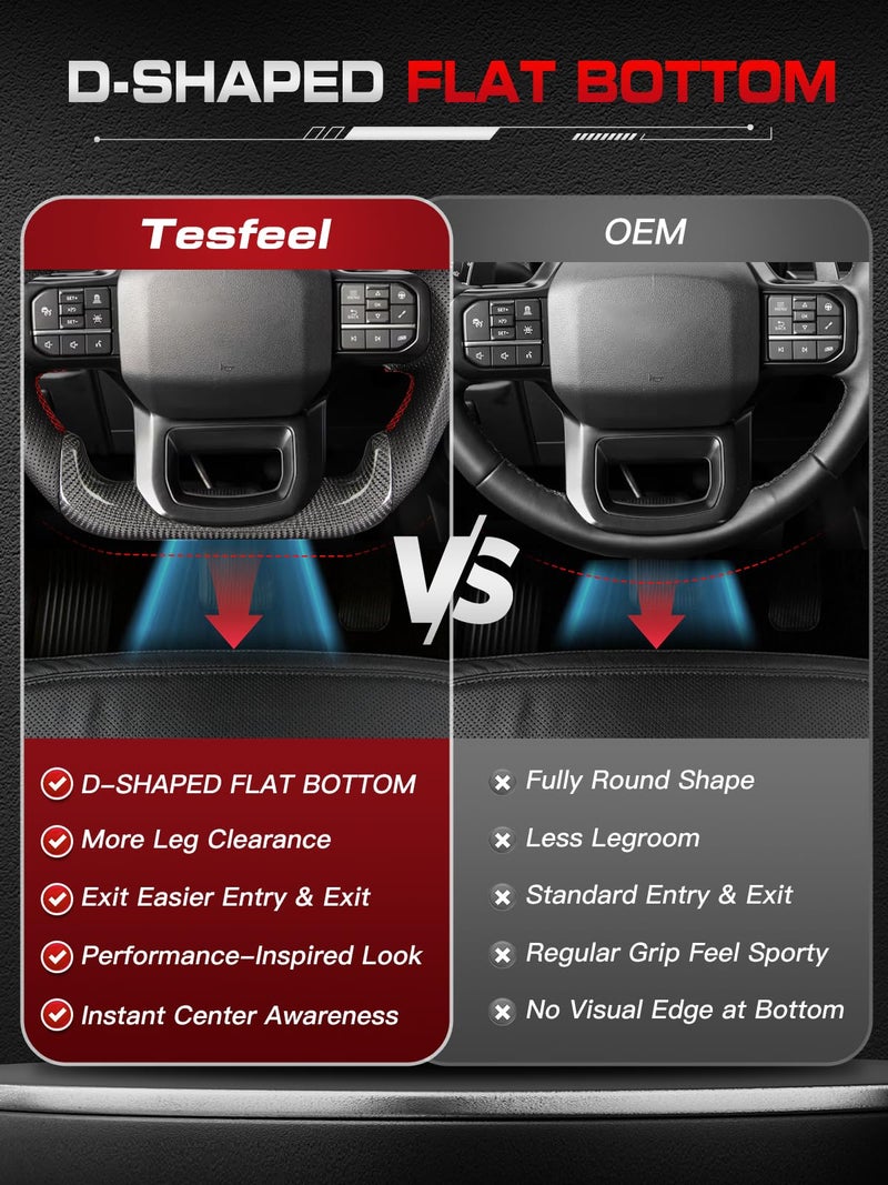 TESFEEL Carbon Fiber Steering Wheel for F150 2021-2024 D-shaped Flat-bottom Steering Wheel Preforated Leather Grip Hand-Stitched for F150 without Paddle Shifter Models - Image 5