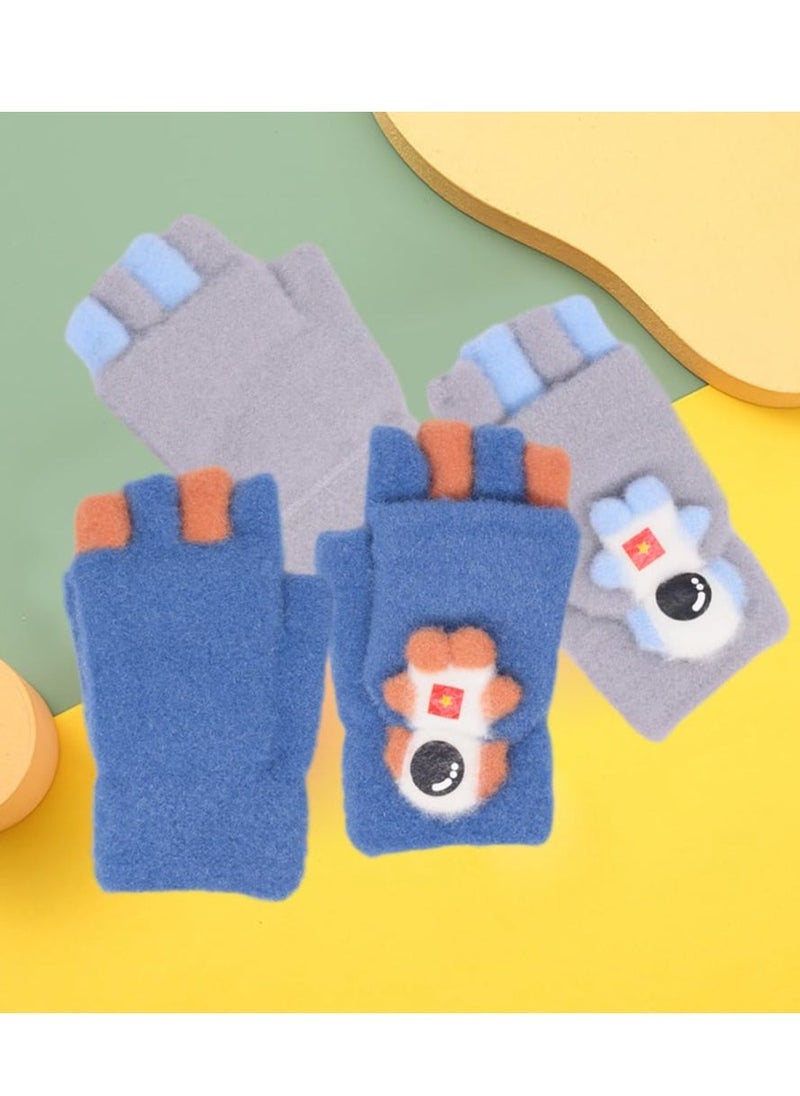 Generic - Kids Winter Gloves 2 Pairs Knitted Mitten Gloves Fingerless Winter Warm Cartoon Stretchy Gloves for Children Aged 4-12 - Image 1