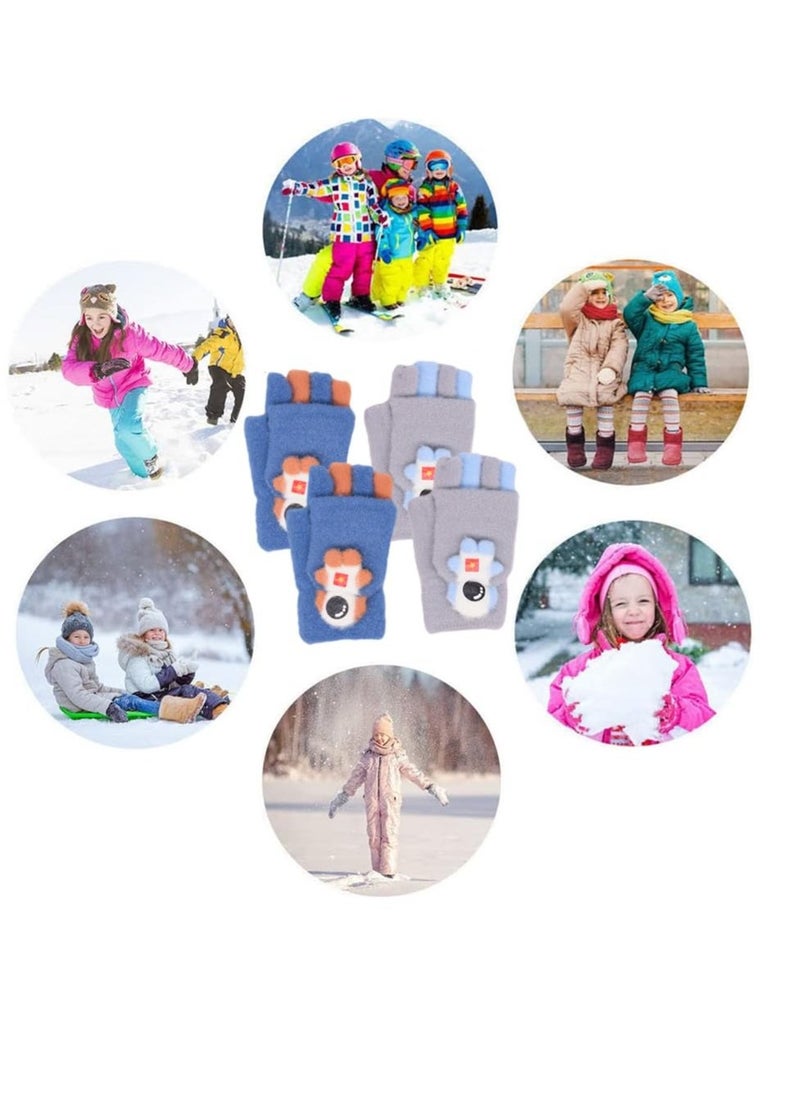 Generic - Kids Winter Gloves 2 Pairs Knitted Mitten Gloves Fingerless Winter Warm Cartoon Stretchy Gloves for Children Aged 4-12 - Image 1