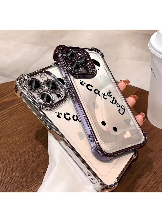 حافظة مربعة الشكل بمظهر مطلي بالكهرباء، بتصميم كرتوني لقط وكلب، متوافقة مع Apple iPhone 11، لون بنفسجي، غطاء حماية من TPU، بتصميم تجاري وجمالي. - Image 1