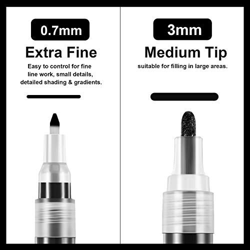 Flysea Black and White Acrylic Paint Pens, Acrylic Paint Markers 0.7 mm Extra Fine, 3 mm Medium Tip, Waterproof Paint Pens for Rock Painting Ceramic Glass Canvas Mug Metal Wood DIY Supplies - Image 2