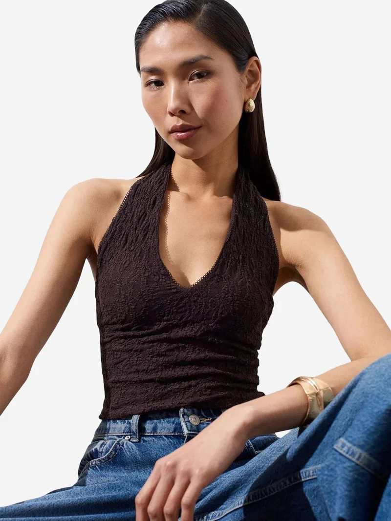 ديلفين DILVIN Women’s Lace Halterneck Crop Blouse