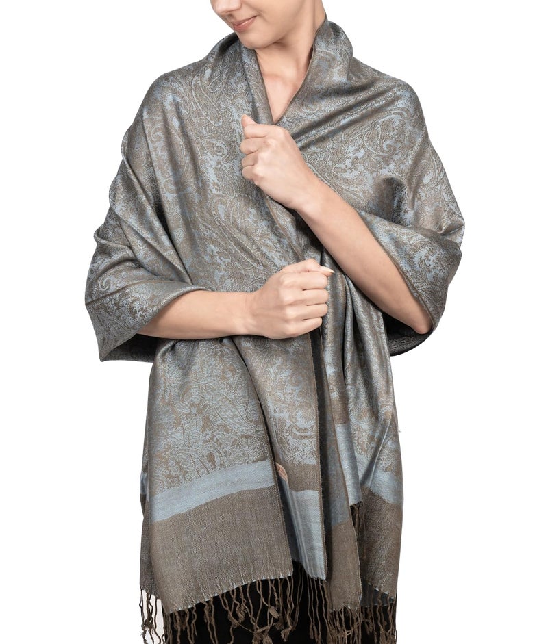 Achillea Two Tone Vintage Jacquard Paisley Pashmina Shawl Wrap Scarf (Powder Blue) - Image 2