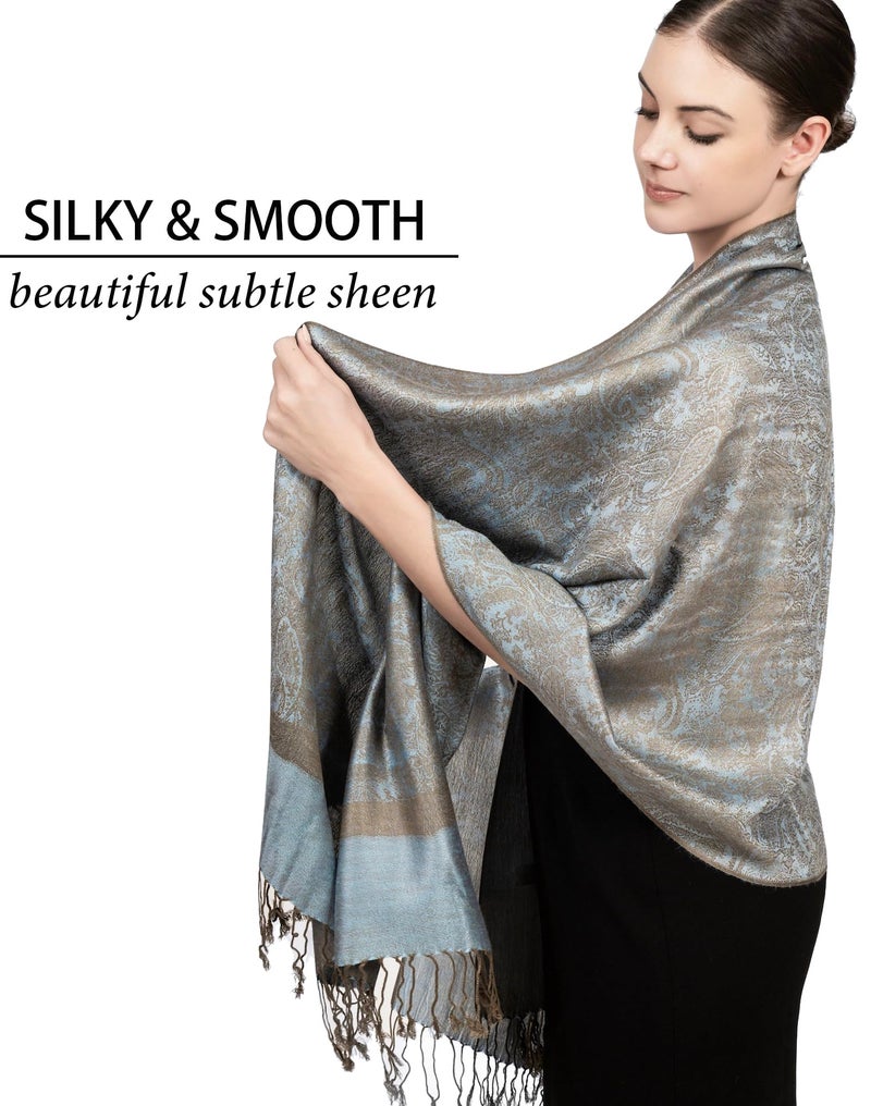 Achillea Two Tone Vintage Jacquard Paisley Pashmina Shawl Wrap Scarf (Powder Blue) - Image 3
