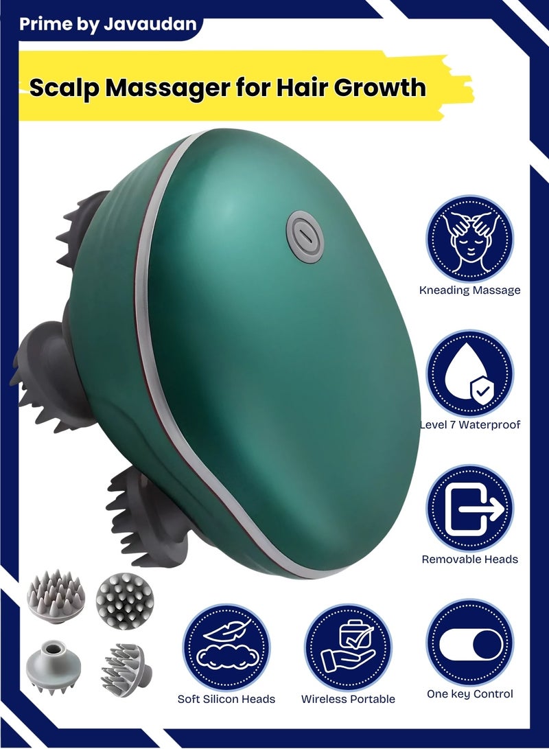 برايم بي جافاودان مدلك فروة الرأس الكهربائي ، مدلك رأس محمول مقاوم للماء لنمو الشعر ، مدلك محمول باليد مع 4 رؤوس للتدليك ، قابل للفك والغسل ، أداة هرش يدوية لتنظيف عميق لنمو الشعر ، أدوات الاسترخاء لتدليك فروة الرأس - Image 1